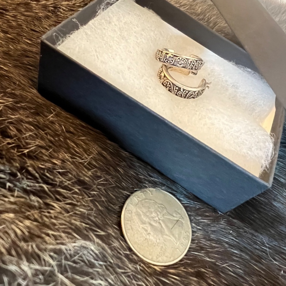 Monet Silver Tone Mini Hoop Earrings with Pattern and Easy-On Easy-Lock Posts - Picture 3 of 3